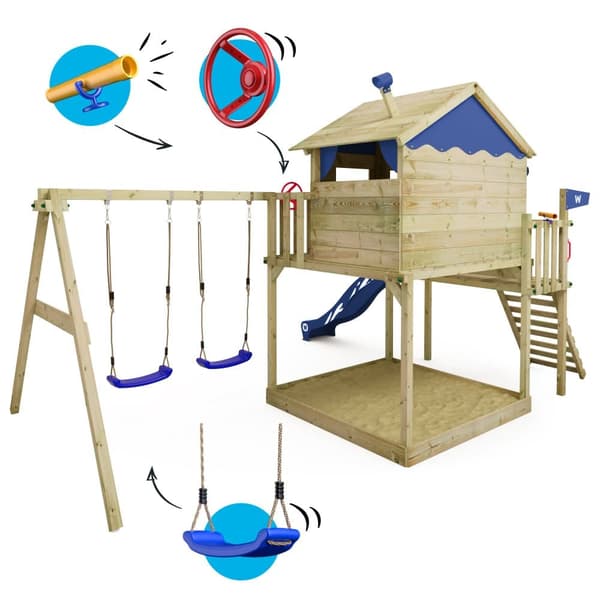 WICKEY Lekställning Smart Coast med gunga och rutschkana, Lekstugor med sandlåda och klätterstege, blå