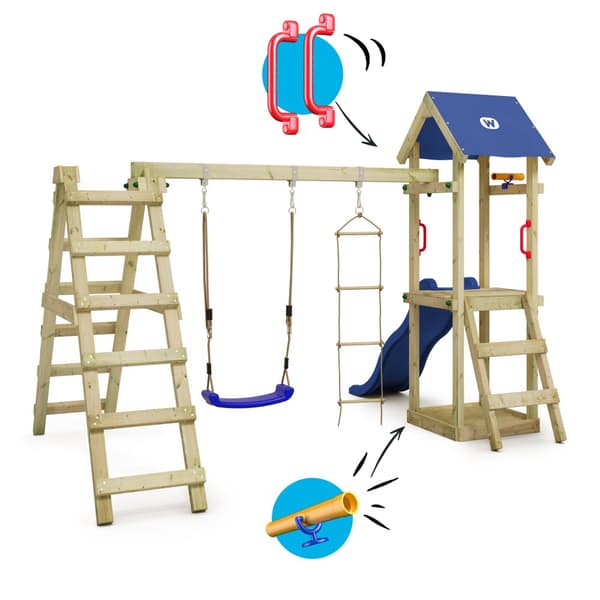 WICKEY Lekställning TinyLoft med gunga och rutschkana, Klättertorn med sandlåda och klätterstege, blå