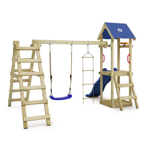 WICKEY Lekställning TinyLoft med gunga och rutschkana, Klättertorn med sandlåda och klätterstege, blå