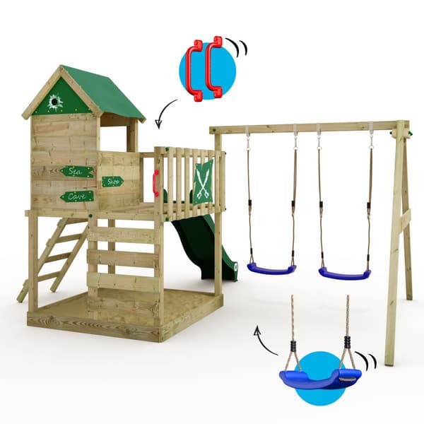 WICKEY Lekställning Smart Cave med gunga och rutschkana, Lekstugor med sandlåda och klätterstege, grön