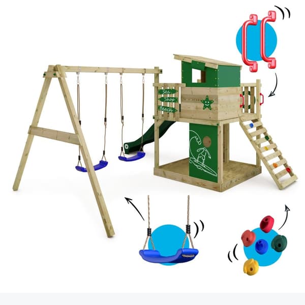 WICKEY Lekställning Smart Camp med gunga och rutschkana, Lekstugor med sandlåda och klätterstege, grön