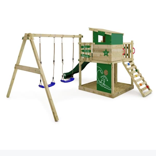 WICKEY Lekställning Smart Camp med gunga och rutschkana, Lekstugor med sandlåda och klätterstege, grön