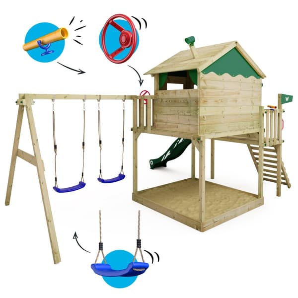WICKEY Lekställning Smart Coast med gunga och rutschkana, Lekstugor med sandlåda och klätterstege, grön