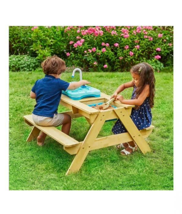 TP tidigt roligt picknickbord i trä med stänk och spray för barn ingår med FSC-tillbehör dim l94 x l89 x h50