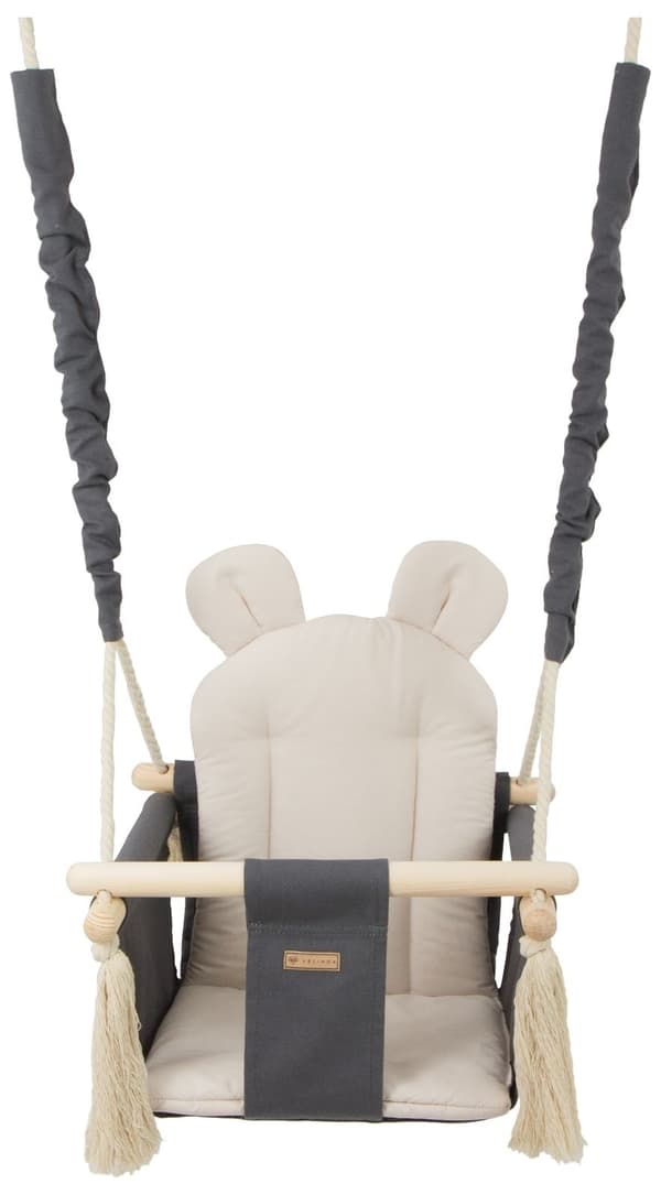 Vikingchoice Naturlig bomull & trä babyslingsstol - Grå & Beige, 150cm rep, inomhus/utomhus