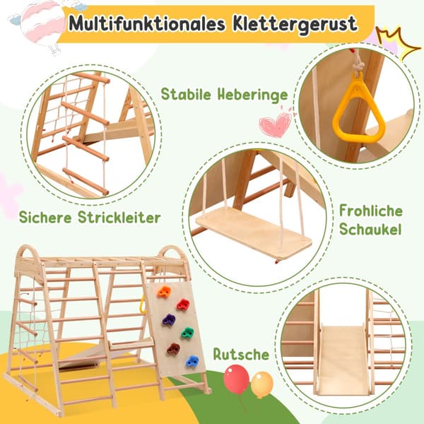 7-i-1 Klatrestativ i træ, Legestativ 134x120cm, 50kg, Legehus med Gynge, Rutsjebane, klatrestige, klatrenet