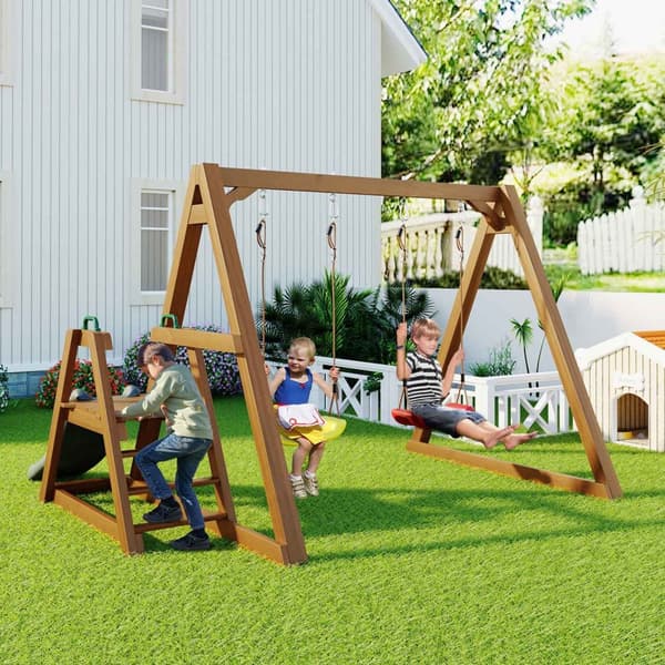 Dobbeltgynge til børn – Robust trægynge med rutsjebane og klatrestige, udendørs gyngestativ i massivt træ, 238,5x240x168,9 cm