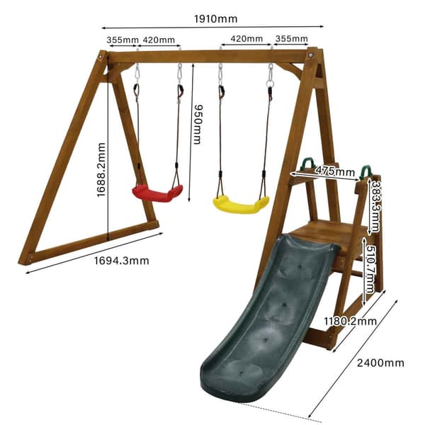 Dobbeltgynge til børn – Robust trægynge med rutsjebane og klatrestige, udendørs gyngestativ i massivt træ, 238,5x240x168,9 cm