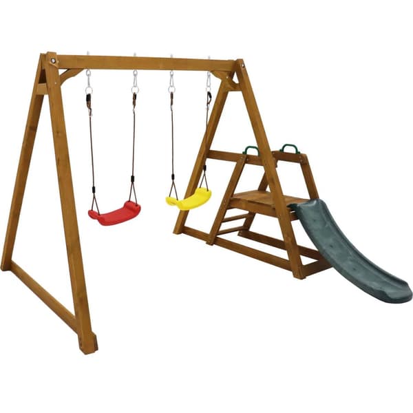 Dobbeltgynge til børn – Robust trægynge med rutsjebane og klatrestige, udendørs gyngestativ i massivt træ, 238,5x240x168,9 cm