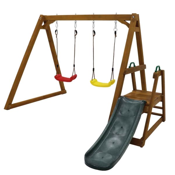 Dobbeltgynge til børn – Robust trægynge med rutsjebane og klatrestige, udendørs gyngestativ i massivt træ, 238,5x240x168,9 cm