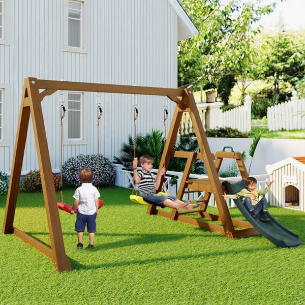 Dobbeltgynge til børn – Robust trægynge med rutsjebane og klatrestige, udendørs gyngestativ i massivt træ, 238,5x240x168,9 cm