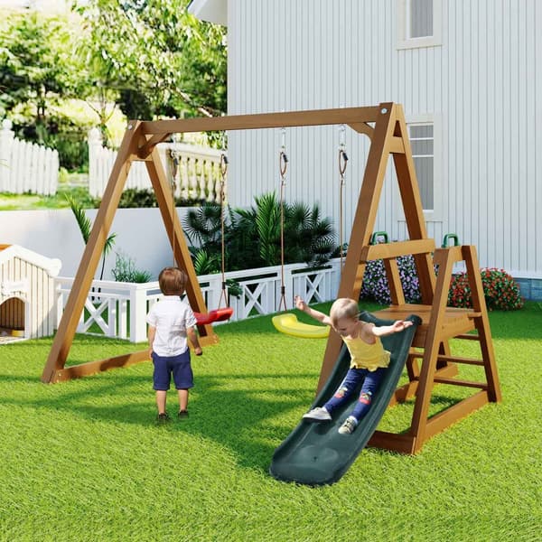 Dobbeltgynge til børn – Robust trægynge med rutsjebane og klatrestige, udendørs gyngestativ i massivt træ, 238,5x240x168,9 cm
