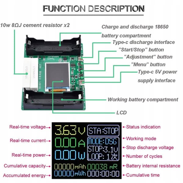LCD-batterikapacitets- og modstandstester til 18650 USB-C-celler