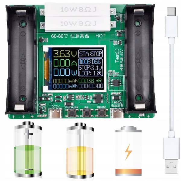 LCD-batterikapacitets- og modstandstester til 18650 USB-C-celler