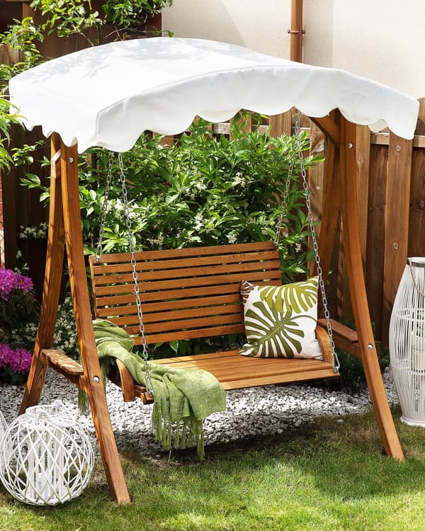 Trädgård Hängsoffa Lärkträ Beige Tyg Utomhus 2-sits med Baldakin Fristående