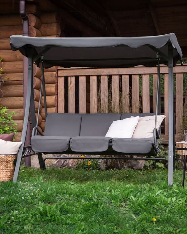 Trädgård Hängsoffa Grå Tyg Stålram 3-sits