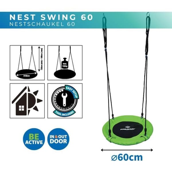 Gunga - SCHILDKRÖT - Fågelbo 60cm - Flätad plast - Stålrör - Justerbar 70-150cm