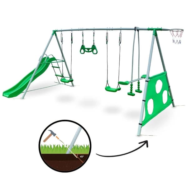 HyperMotion Garden leikkipaikka lapsille 3+, iso leikkisetti XXXL: keinut, liukumäki, voimistelutrapetsi, koripallovanne ja jalkapallomaali, vihreä