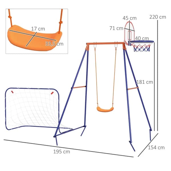 Rootz gungställning för barn - Fotbollsmål - Basketbåge - för 3 till 8 år - Stålstomme - Mörkblå + Orange - 195W x 154D x 220H cm