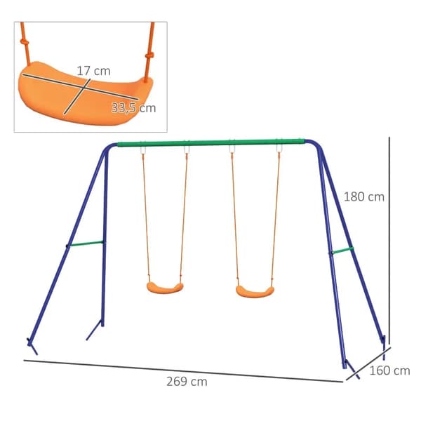 Rootz Gungstativ för barn - Trädgårdsgungor - Med 2 gungstolar - Klätter - Stål - Blå + Orange - 2,7 x 1,6 x 1,8 m