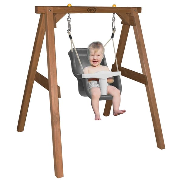 AXI Babygunga med träram och sits i grå/vit | Babygunga i trä i brun | Utomhusgunga för bebisar från 9 månader och uppåt