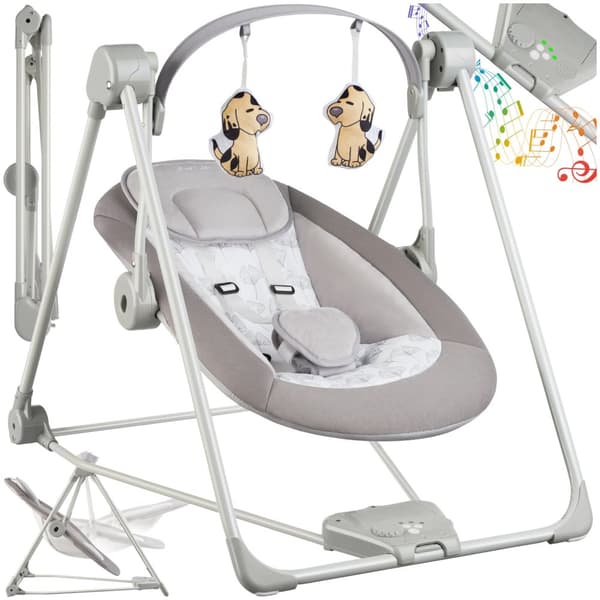 Babygynge hundemotiv, sammenklappelig, 5 hastighedsniveauer, timer - lysegrå