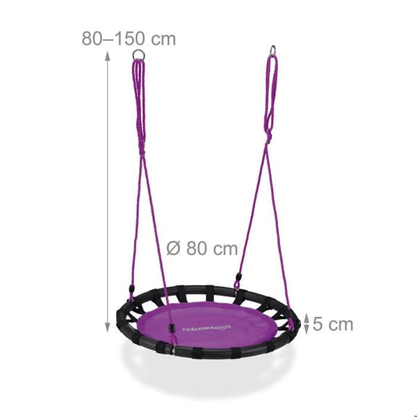 Relaxdays Runda fågelbo gunga 80 cm att hänga, barn- och vuxenhängmatta för trädgård utomhus 100 kg, lila