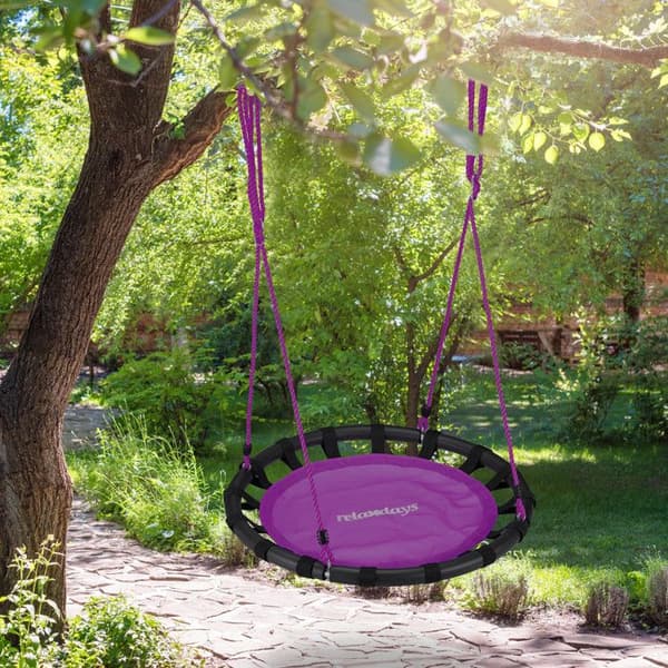 Relaxdays Runda fågelbo gunga 80 cm att hänga, barn- och vuxenhängmatta för trädgård utomhus 100 kg, lila