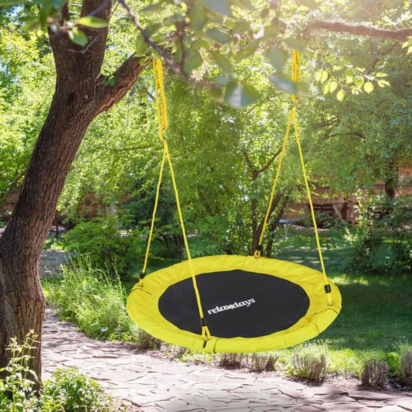 Relaxdays Rundt fågelnäste gunga 90 cm att hänga för barn och vuxna utomhus Ø 90 cm, 100 kg, gul