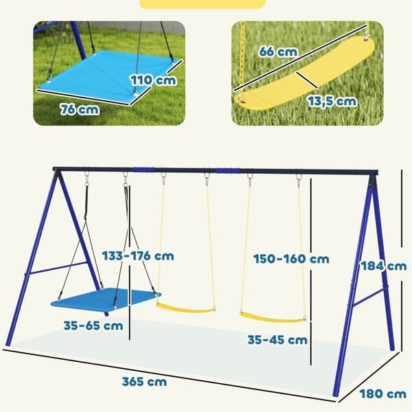 Rootz Swicken 3 -Child Swing Set - Outdoor Playset - Garden Swings - Holdbar stålramme - 365 cm x 180 cm x 184 cm