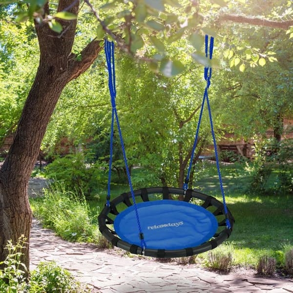 Relaxdays Rund fågelnäste hängande gunga 80 cm för barn och vuxna utomhus 100 kg, blå