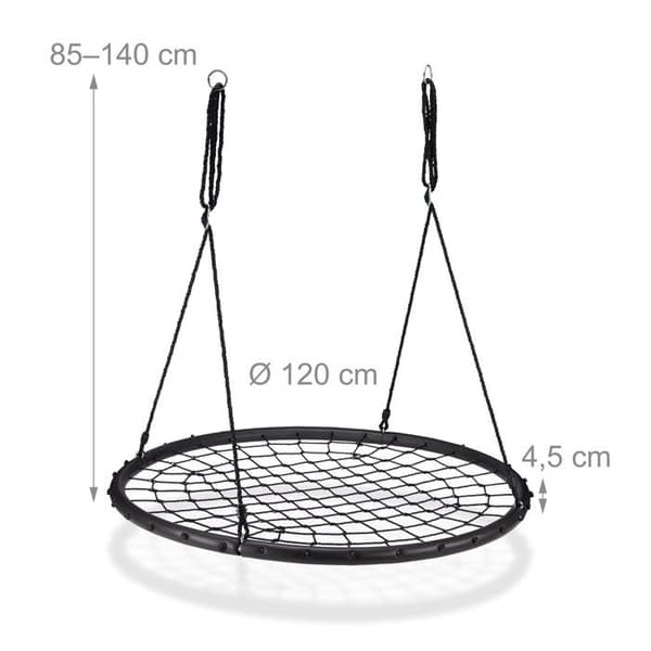 Relaxdays Bird's Nest Swing Mesh 120 cm Hängande Justerbar Barn Vuxen Utomhus Trädgård 150 kg, Svart