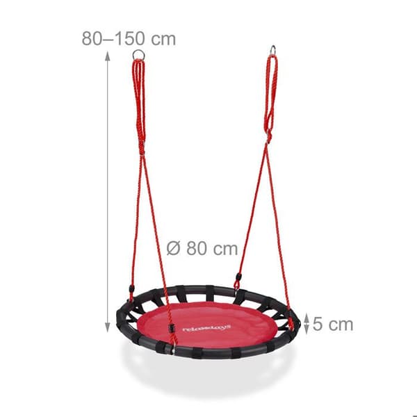 Relaxdays rund fågelnät gunga 80 cm att hänga barn vuxen trädgård utomhus 100 kg, röd