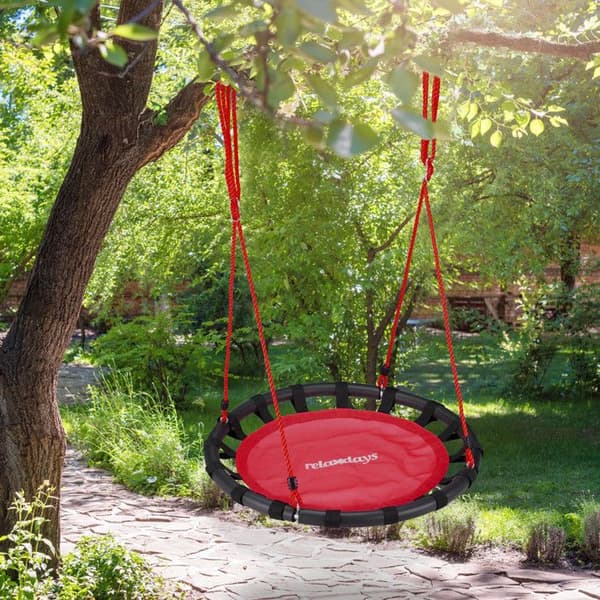 Relaxdays rund fågelnät gunga 80 cm att hänga barn vuxen trädgård utomhus 100 kg, röd
