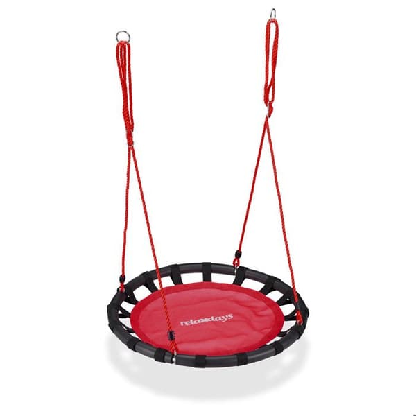 Relaxdays rund fågelnät gunga 80 cm att hänga barn vuxen trädgård utomhus 100 kg, röd