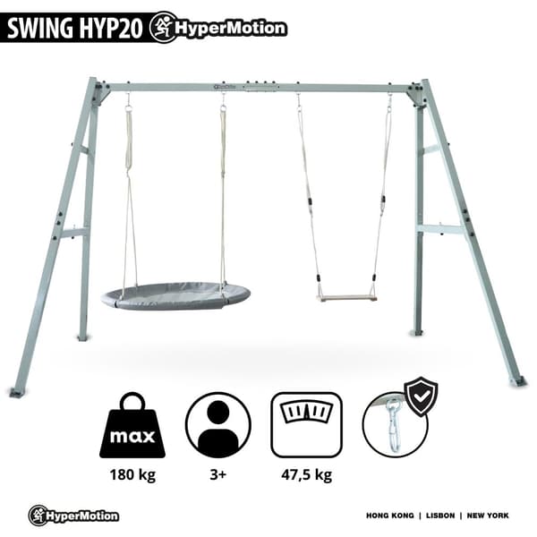 HyperMotion Kaksinkertainen keinu rungolla – sisältää boho-riippumaton, linnunpesän ja puisen keinulaudan – teräs, max. 180 kg