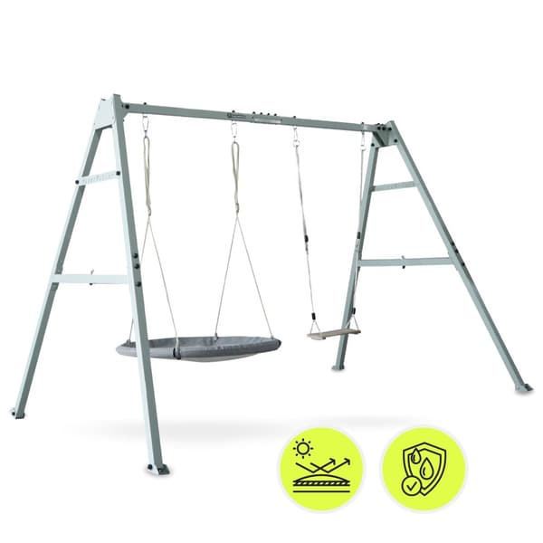 HyperMotion Kaksinkertainen keinu rungolla – sisältää boho-riippumaton, linnunpesän ja puisen keinulaudan – teräs, max. 180 kg
