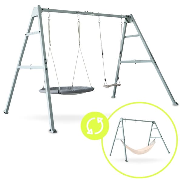 HyperMotion Kaksinkertainen keinu rungolla – sisältää boho-riippumaton, linnunpesän ja puisen keinulaudan – teräs, max. 180 kg