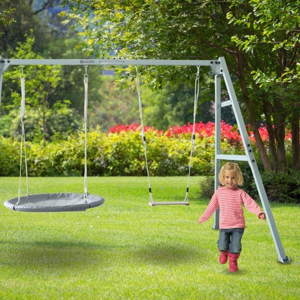 HyperMotion Kaksinkertainen keinu rungolla – sisältää boho-riippumaton, linnunpesän ja puisen keinulaudan – teräs, max. 180 kg