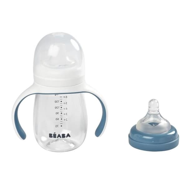 BEABA, 2-i-1 nappflaska/träningskopp, halmkopp för barn, 100 % läcksäker, läcksäker, 210 ml - blåsigt