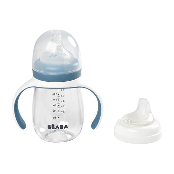 BEABA, 2-i-1 nappflaska/träningskopp, halmkopp för barn, 100 % läcksäker, läcksäker, 210 ml - blåsigt