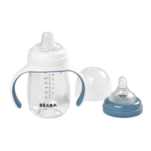 BEABA, 2-i-1 nappflaska/träningskopp, halmkopp för barn, 100 % läcksäker, läcksäker, 210 ml - blåsigt