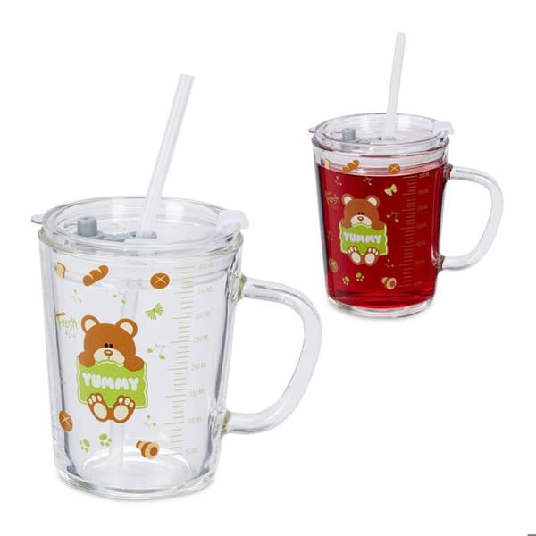 Relaxdays Barnbarnsglas i 2-pack, brunbjörnmotiv, med handtag, lock och sugrör, 400 ml graderat, transparent