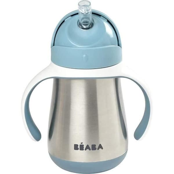 BEABA, 2-i-1 nappflaska/inlärningskopp/babyflaska i rostfritt stål, halmkopp för barn, 100 % läcksäker, läcksäker, 250 ml, blå