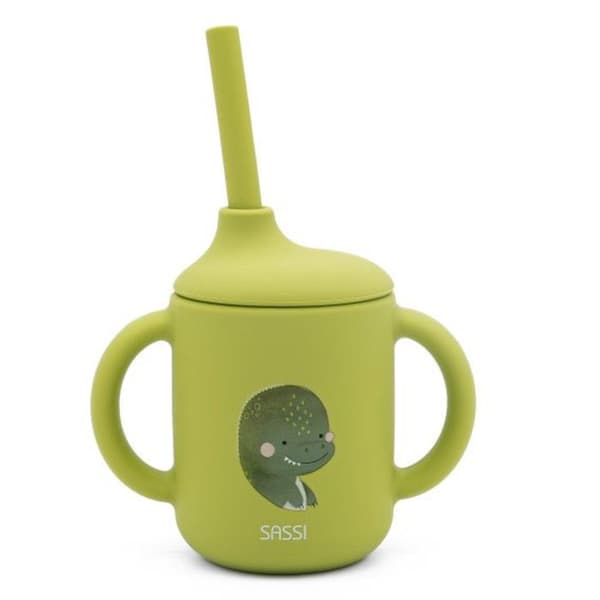 Silikonkopp med handtag och sugrör 120 ml DINO-djur