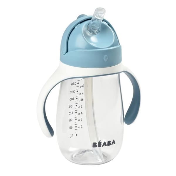 BEABA, 2-i-1 nappflaska/träningskopp, halmkopp för barn, 100 % läcksäker, läcksäker, 300 ml - blåsigt