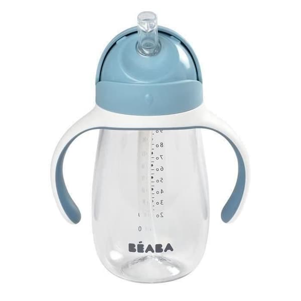 BEABA, 2-i-1 nappflaska/träningskopp, halmkopp för barn, 100 % läcksäker, läcksäker, 300 ml - blåsigt