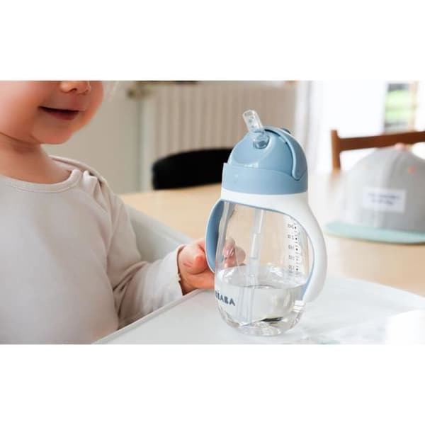 BEABA, 2-i-1 nappflaska/träningskopp, halmkopp för barn, 100 % läcksäker, läcksäker, 300 ml - blåsigt