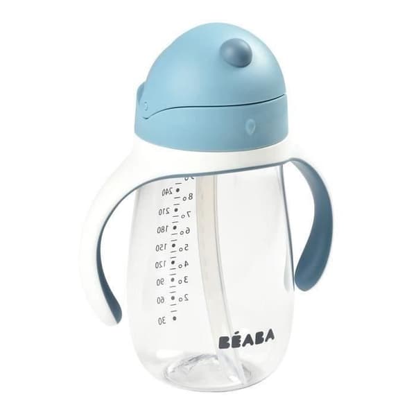 BEABA, 2-i-1 nappflaska/träningskopp, halmkopp för barn, 100 % läcksäker, läcksäker, 300 ml - blåsigt