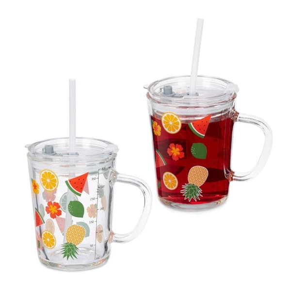 Relaxdays Barn glas i set om 2, fruktmotiv, med handtag, lock och sugrör, 400 ml graderad, transparent